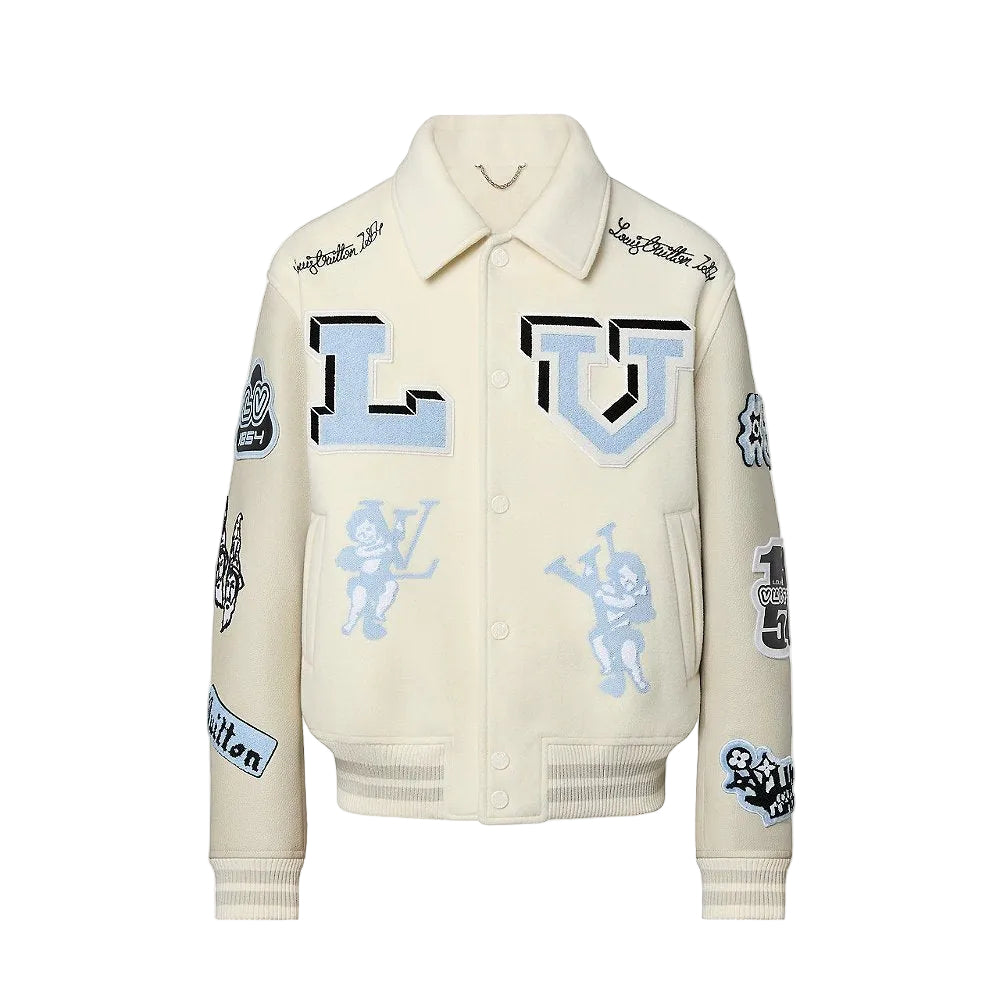 Jaqueta Louis Vuitton Varsity Em Couro Bordada “Multi-Patches Mixed/Milky White”